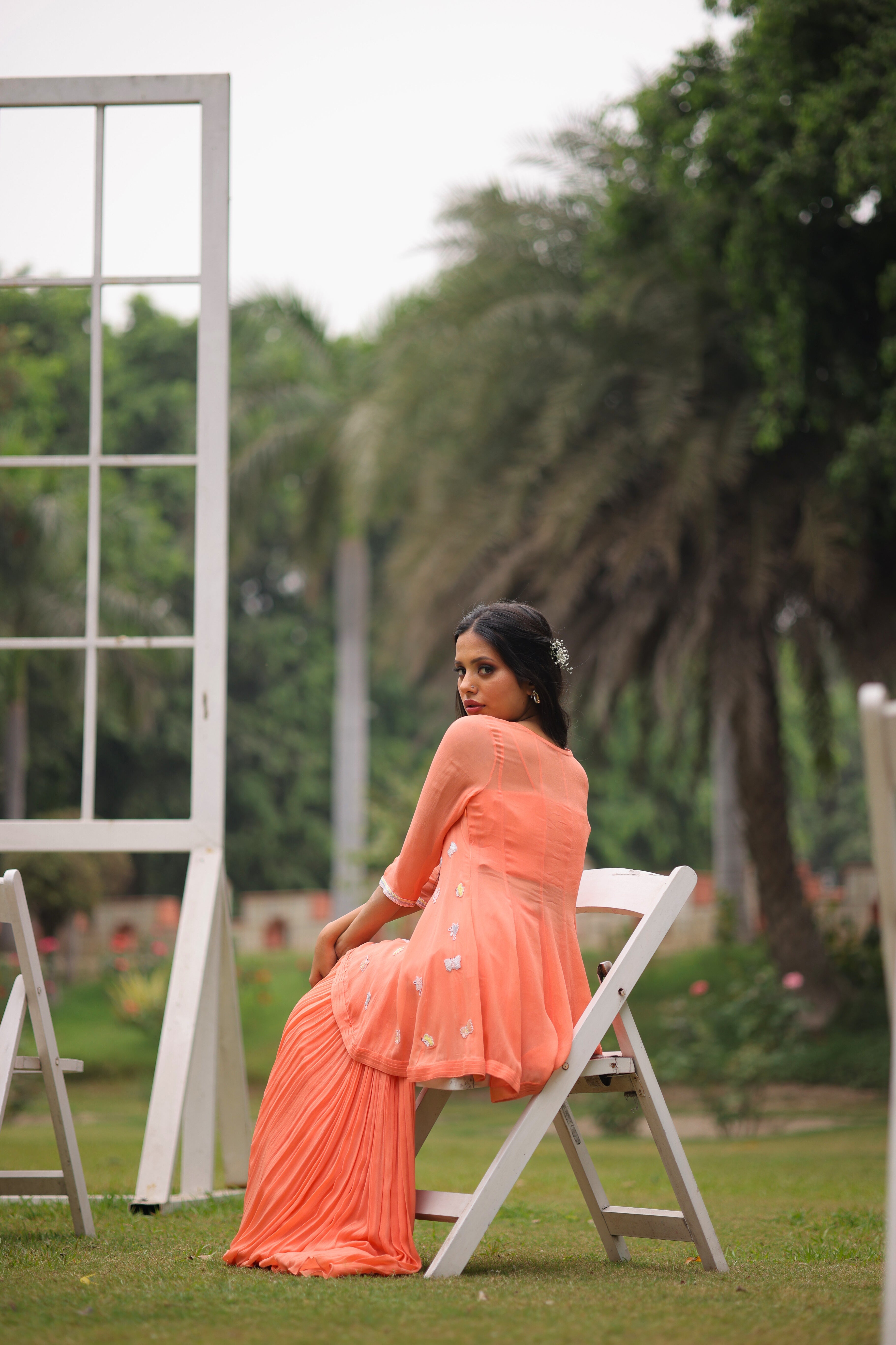 Peach Nectar Butterfly Embroidered Co-ord set